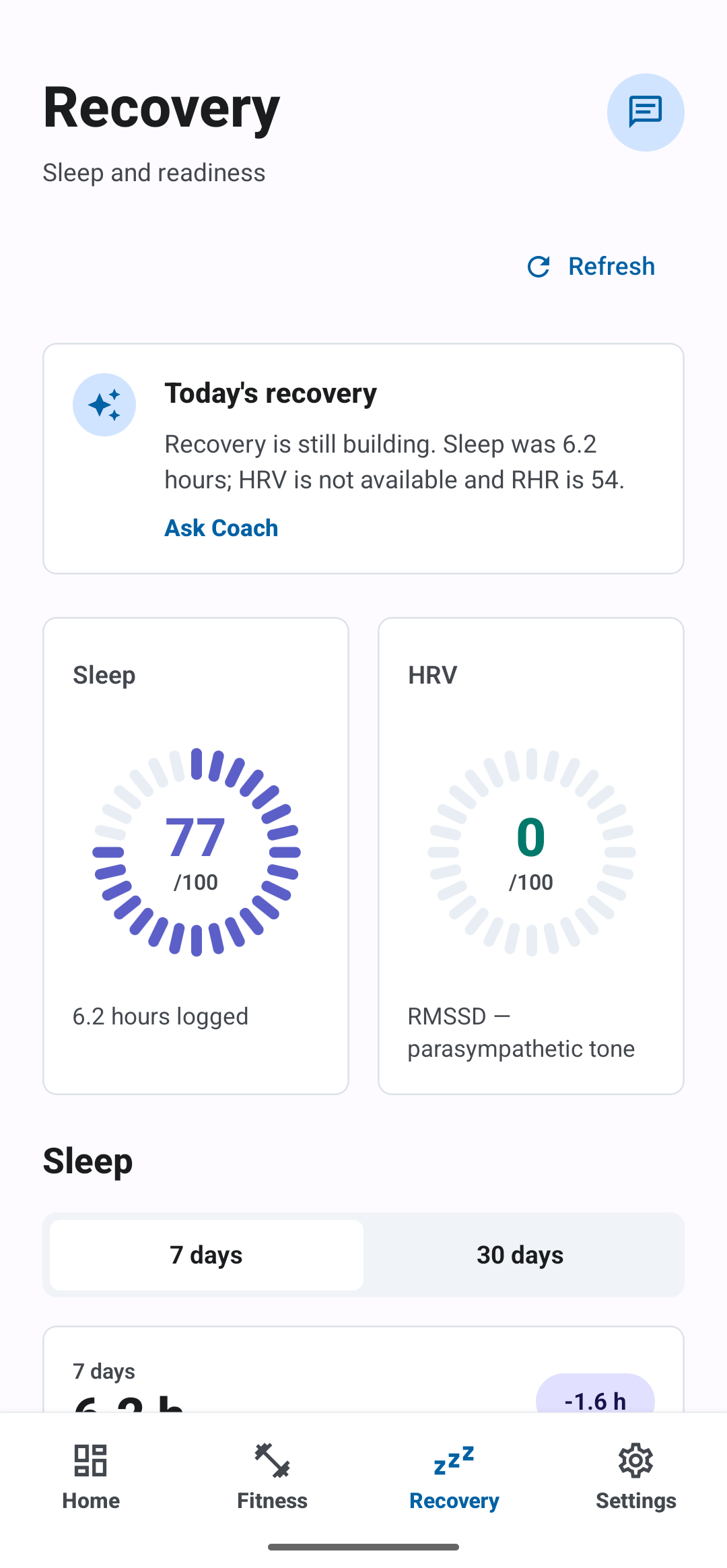 Lepo recovery screen with sleep score ring